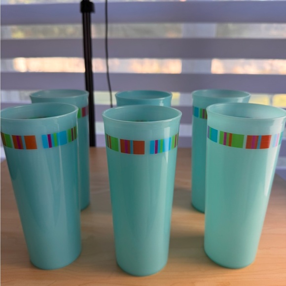 Tupperware Other - Tupperware Aqua Blue Tumblers with Colorful Stripe Design